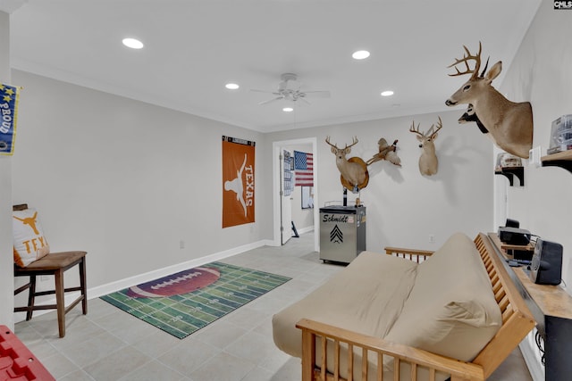 531 Sulgrave Dr, Columbia, SC 29210 - workout area with recessed lighting, ceiling fan, ornamental molding, and baseboards