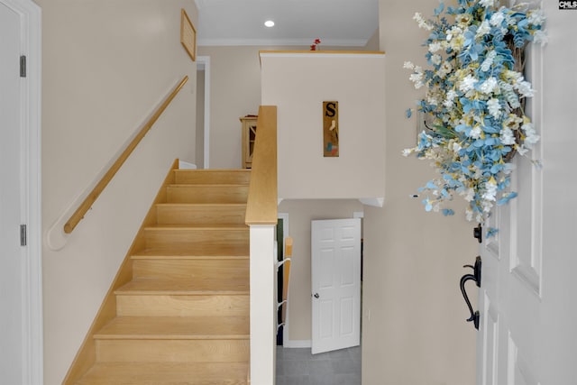 531 Sulgrave Dr, Columbia, SC 29210 - staircase featuring recessed lighting, ornamental molding, and baseboards
