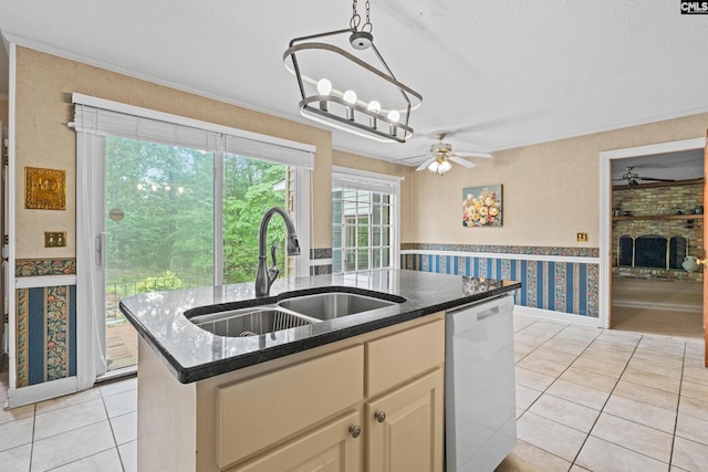 117 Brookspring Rd, Columbia, SC 29223 - kitchen featuring dishwasher, ceiling fan, a sink, wallpapered walls, and an island with sink