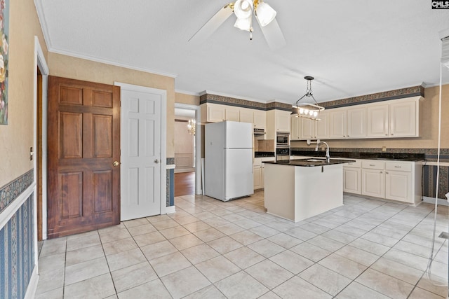 117 Brookspring Rd, Columbia, SC 29223 - kitchen with freestanding refrigerator, dark countertops, crown molding, ceiling fan, and light tile patterned floors