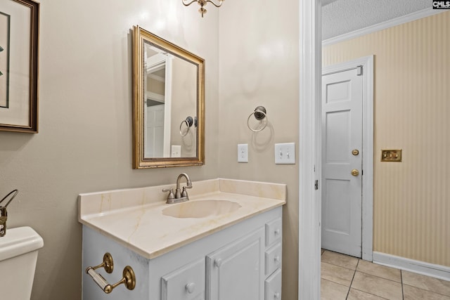 117 Brookspring Rd, Columbia, SC 29223 - bathroom featuring vanity, toilet, tile patterned floors, ornamental molding, and a textured ceiling