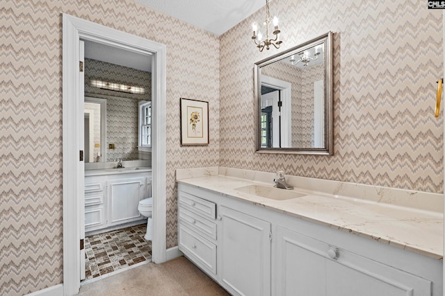 117 Brookspring Rd, Columbia, SC 29223 - bathroom featuring a chandelier, wallpapered walls, toilet, and vanity
