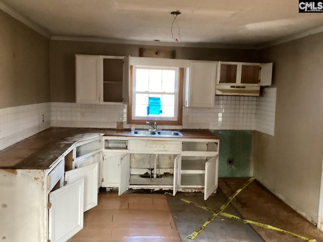 127 Dry Gulch Rd, Saluda, SC 29138 - kitchen featuring backsplash, a sink, white cabinets, under cabinet range hood, and ornamental molding