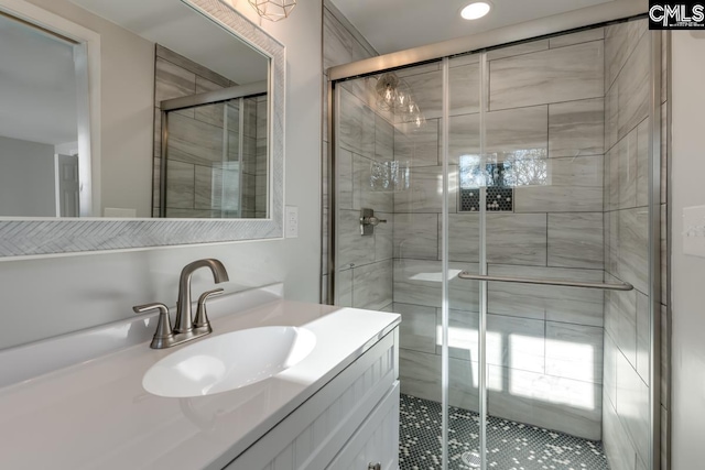 104 Big John Rd, Elgin, SC 29045 - full bath featuring vanity, a stall shower, recessed lighting, and tile patterned floors