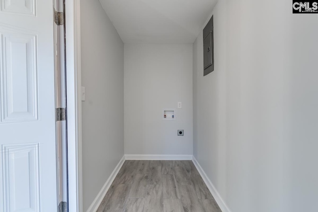 104 Big John Rd, Elgin, SC 29045 - laundry area featuring hookup for a washing machine, electric dryer hookup, light wood-type flooring, baseboards, and electric panel