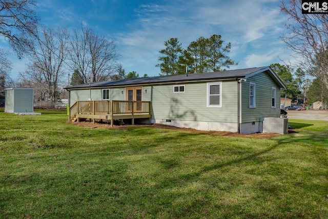104 Big John Rd, Elgin, SC 29045 - back of house with a wooden deck, crawl space, a lawn, and central air condition unit