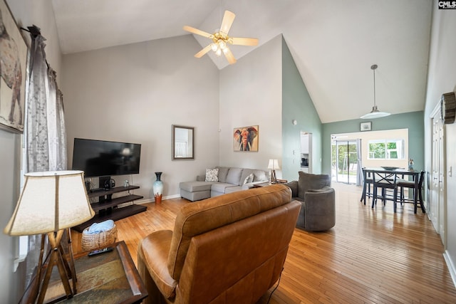 144 Stephanie Dr, Lexington, SC 29073 - living area featuring high vaulted ceiling, hardwood / wood-style flooring, and a ceiling fan