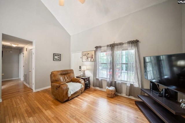 144 Stephanie Dr, Lexington, SC 29073 - living area featuring high vaulted ceiling, baseboards, wood-type flooring, and a ceiling fan