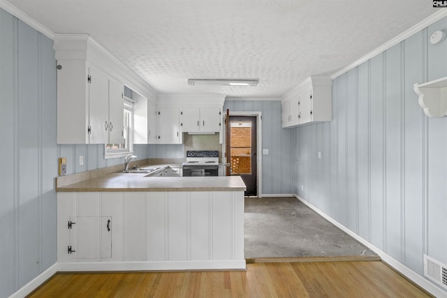1629 B Ave, West Columbia, SC 29169 - kitchen with white range with electric stovetop, a sink, light countertops, light wood-style flooring, and white cabinetry