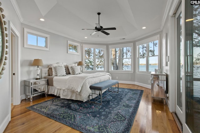208 Ballentine Ln, Chapin, SC 29036 - bedroom with ornamental molding, baseboards, wood finished floors, recessed lighting, and ceiling fan