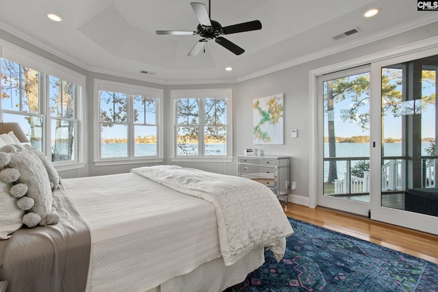 208 Ballentine Ln, Chapin, SC 29036 - bedroom with multiple windows, access to outside, wood finished floors, a raised ceiling, and crown molding