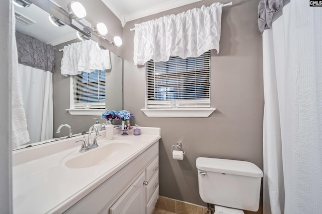 1 Rockingham Ct, Columbia, SC 29223 - bathroom featuring vanity, ornamental molding, toilet, curtained shower, and tile patterned flooring