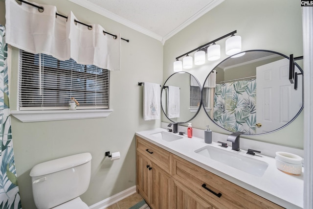 1 Rockingham Ct, Columbia, SC 29223 - full bathroom featuring crown molding, double vanity, toilet, tile patterned floors, and baseboards
