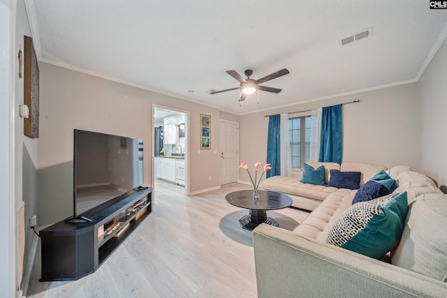 1 Rockingham Ct, Columbia, SC 29223 - living room with light wood-style flooring, crown molding, a ceiling fan, and baseboards
