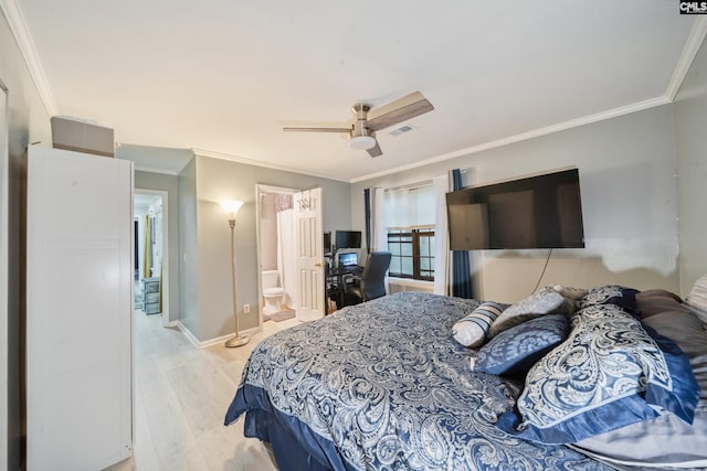 1 Rockingham Ct, Columbia, SC 29223 - bedroom featuring light wood-style flooring, crown molding, baseboards, a ceiling fan, and connected bathroom