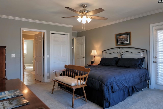 429 Forest Shores Rd, Prosperity, SC 29127 - bedroom with ornamental molding, light colored carpet, ceiling fan, and a closet