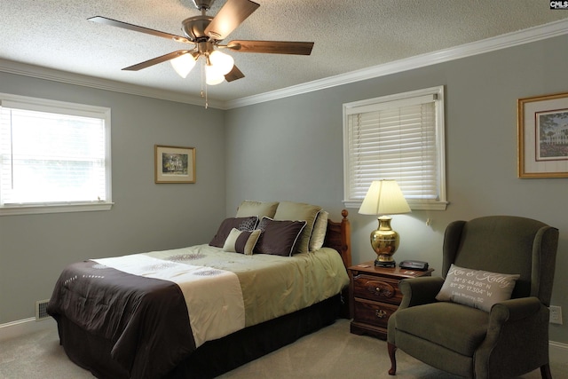 429 Forest Shores Rd, Prosperity, SC 29127 - bedroom featuring light colored carpet, ornamental molding, a textured ceiling, and a ceiling fan