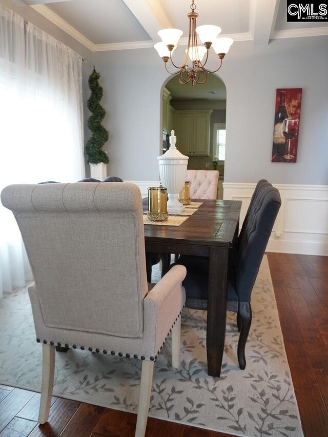 522 Meadow Grass Ln, Lexington, SC 29072 - dining area featuring a chandelier, hardwood / wood-style flooring, coffered ceiling, a wainscoted wall, and beam ceiling