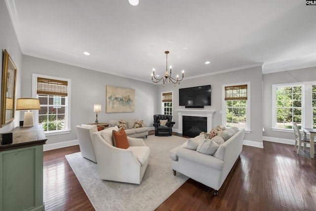 215 Peninsula Way, Columbia, SC 29229 - living area with a chandelier, baseboards, dark wood-style floors, recessed lighting, and ornamental molding