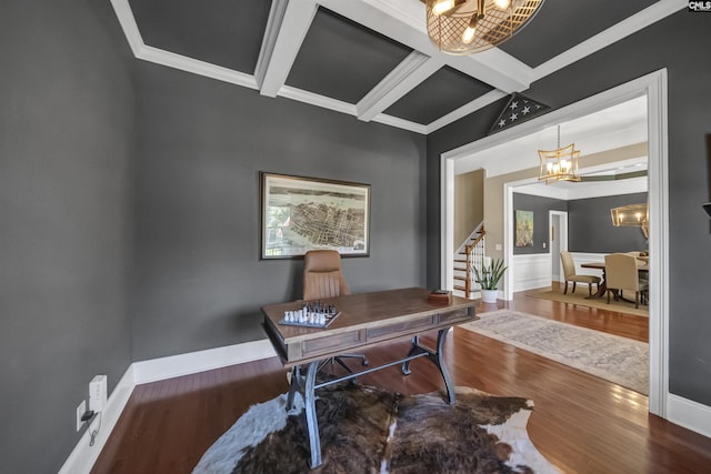 215 Peninsula Way, Columbia, SC 29229 - office space with a chandelier, crown molding, coffered ceiling, wood finished floors, and beam ceiling