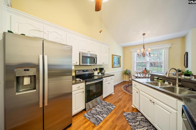 55 Hickory Woods Ct, Columbia, SC 29223 - kitchen featuring stainless steel appliances, a sink, dark countertops, white cabinetry, and a chandelier