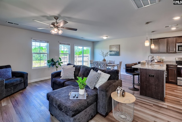 2426 Trakand Dr, Lexington, SC 29073 - living room featuring light wood-style flooring, ceiling fan, and baseboards