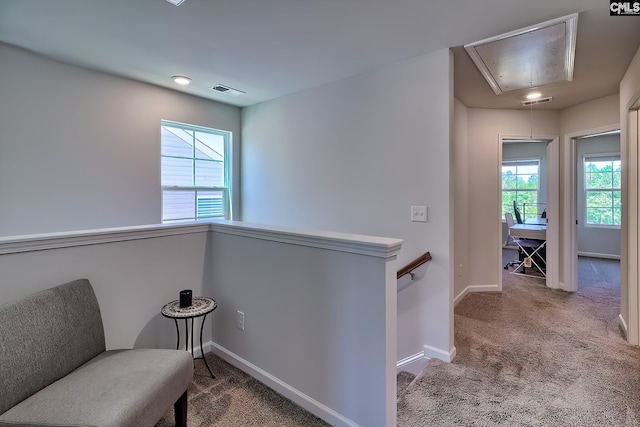 2426 Trakand Dr, Lexington, SC 29073 - living area featuring attic access, carpet, an upstairs landing, and baseboards