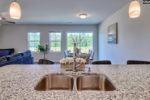 2426 Trakand Dr, Lexington, SC 29073 - kitchen with a sink, open floor plan, light stone countertops, and pendant lighting