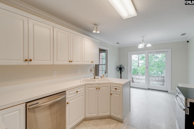 311 Hillridge Way, Columbia, SC 29229 - kitchen featuring stainless steel dishwasher, a sink, ornamental molding, a chandelier, and a peninsula