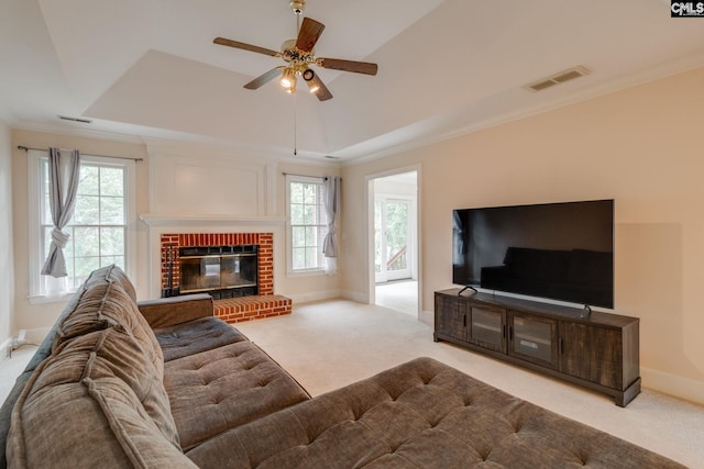311 Hillridge Way, Columbia, SC 29229 - living area featuring light colored carpet, baseboards, ceiling fan, ornamental molding, and a fireplace