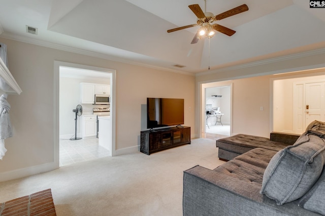 311 Hillridge Way, Columbia, SC 29229 - living area with a ceiling fan, light colored carpet, baseboards, and ornamental molding