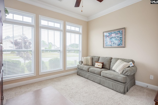 605 Scarlet Baby Dr, Blythewood, SC 29016 - carpeted living area with ceiling fan, baseboards, and ornamental molding