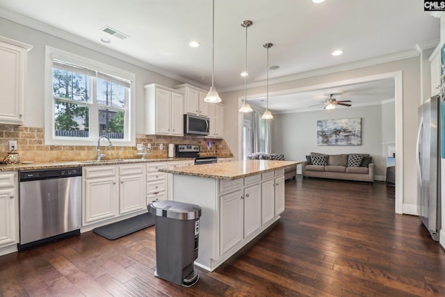 546 Caladium Way, Columbia, SC 29229 - kitchen with appliances with stainless steel finishes, a sink, open floor plan, white cabinets, and tasteful backsplash