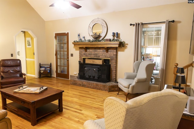 213 River Xing, Lexington, SC 29072 - living room featuring a ceiling fan, wood finished floors, vaulted ceiling, and a fireplace