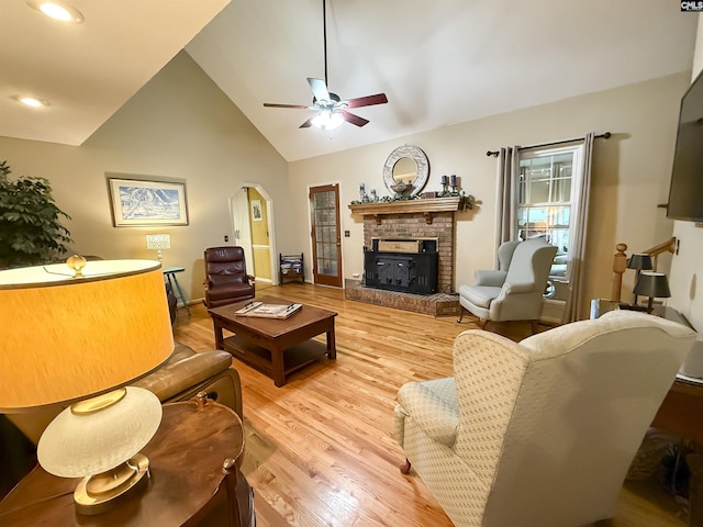 213 River Xing, Lexington, SC 29072 - living room featuring a ceiling fan, a fireplace, light wood-type flooring, recessed lighting, and high vaulted ceiling