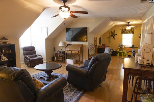 213 River Xing, Lexington, SC 29072 - living area featuring ceiling fan, wood finished floors, and lofted ceiling