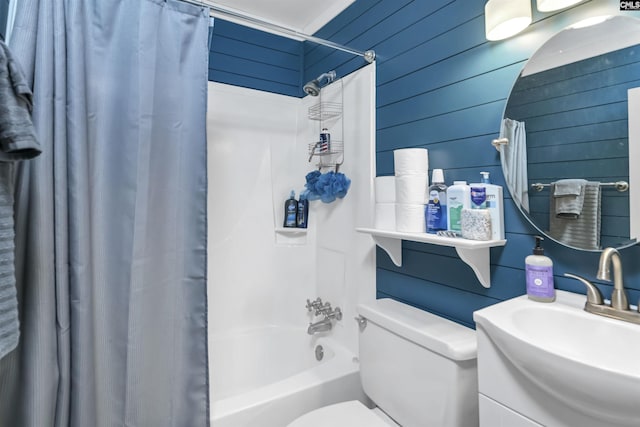 112 S Wrenwood Dr, Lexington, SC 29073 - full bathroom with toilet, shower / bath combination with curtain, vanity, and wood walls
