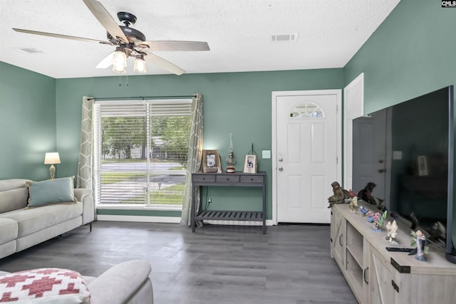 112 S Wrenwood Dr, Lexington, SC 29073 - living area with a textured ceiling, ceiling fan, wood finished floors, and baseboards