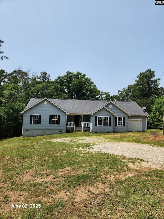 2675 Rolling Hills Rd, Ridgeway, SC 29130 - ranch-style house featuring crawl space, a front lawn, driveway, and roof with shingles