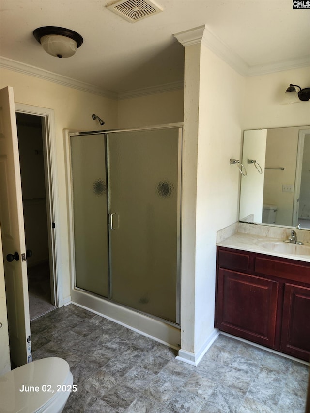 2675 Rolling Hills Rd, Ridgeway, SC 29130 - bathroom with toilet, crown molding, a shower stall, vanity, and baseboards