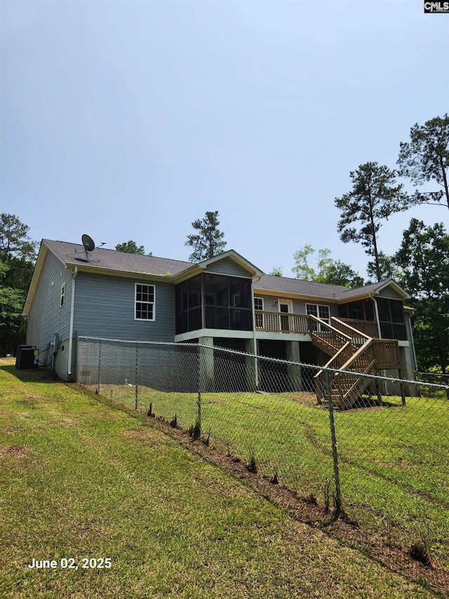 2675 Rolling Hills Rd, Ridgeway, SC 29130 - back of house featuring a sunroom, central air condition unit, stairway, and a deck