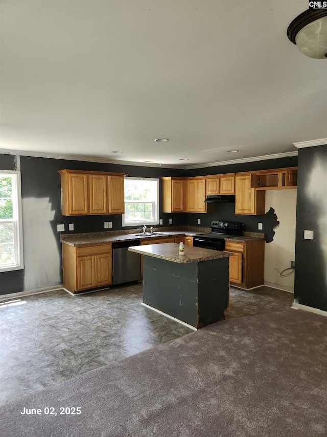 2675 Rolling Hills Rd, Ridgeway, SC 29130 - kitchen featuring stainless steel dishwasher, black range with electric cooktop, range hood, a kitchen island, and a sink