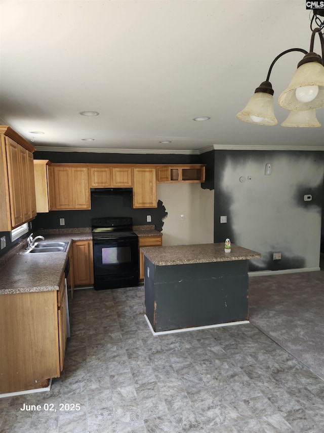 2675 Rolling Hills Rd, Ridgeway, SC 29130 - kitchen featuring black / electric stove, a sink, a center island, light floors, and crown molding
