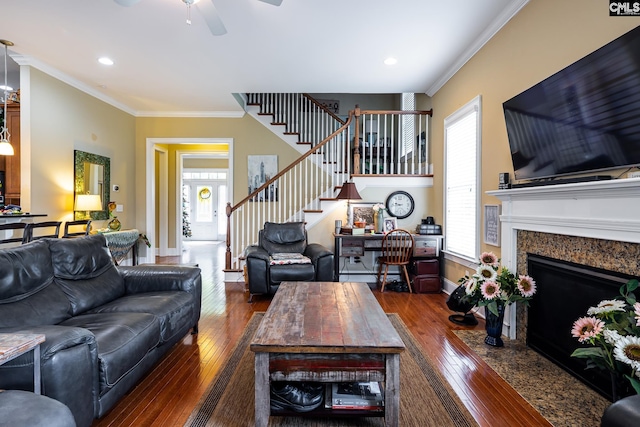 237 Peninsula Way, Columbia, SC 29229 - living room featuring stairs, wood-type flooring, crown molding, a ceiling fan, and baseboards