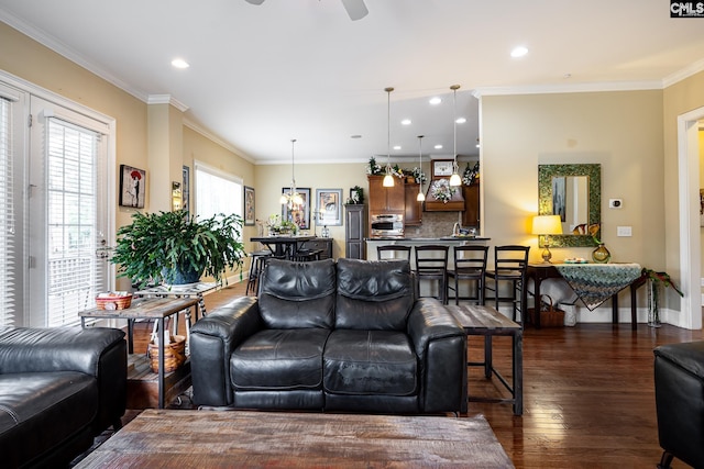 237 Peninsula Way, Columbia, SC 29229 - living area featuring dark wood-style floors, a ceiling fan, recessed lighting, crown molding, and baseboards