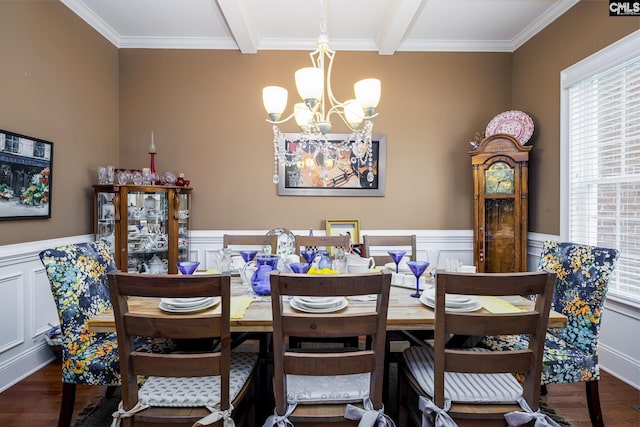 237 Peninsula Way, Columbia, SC 29229 - dining area with a chandelier, wood finished floors, plenty of natural light, beamed ceiling, and crown molding