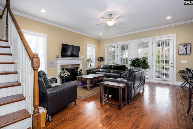 237 Peninsula Way, Columbia, SC 29229 - living area with ceiling fan, stairs, crown molding, wood-type flooring, and a fireplace
