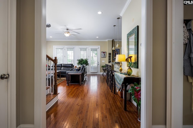 237 Peninsula Way, Columbia, SC 29229 - corridor featuring dark wood-style flooring, ornamental molding, baseboards, and recessed lighting