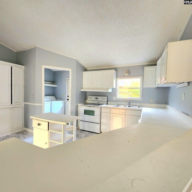 137 Breezy Bay Cir, Gilbert, SC 29054 - kitchen featuring white range with electric cooktop, washing machine and clothes dryer, a sink, a textured ceiling, and light countertops