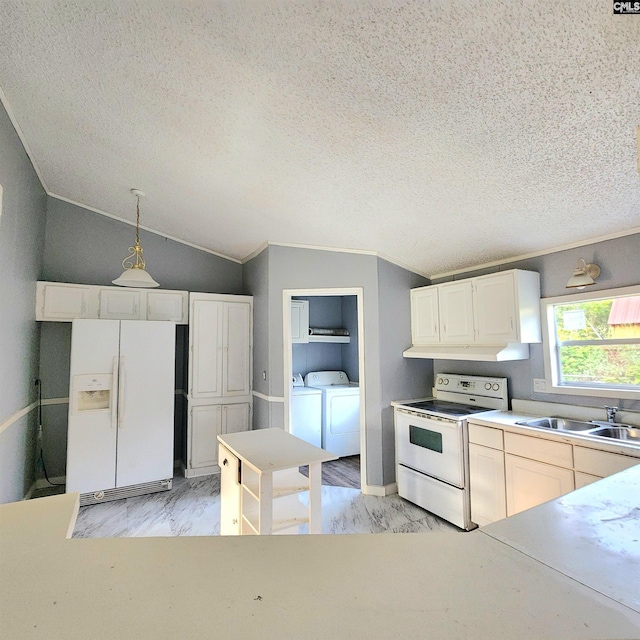 137 Breezy Bay Cir, Gilbert, SC 29054 - kitchen with white appliances, independent washer and dryer, a sink, a textured ceiling, and vaulted ceiling